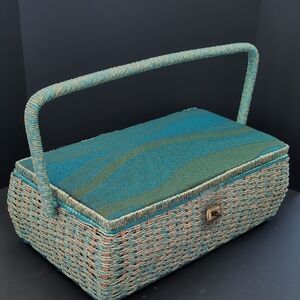 VGT,Singer Woven Blue/Tan Large Sewing Basket with Padded Lid,Made In japan.